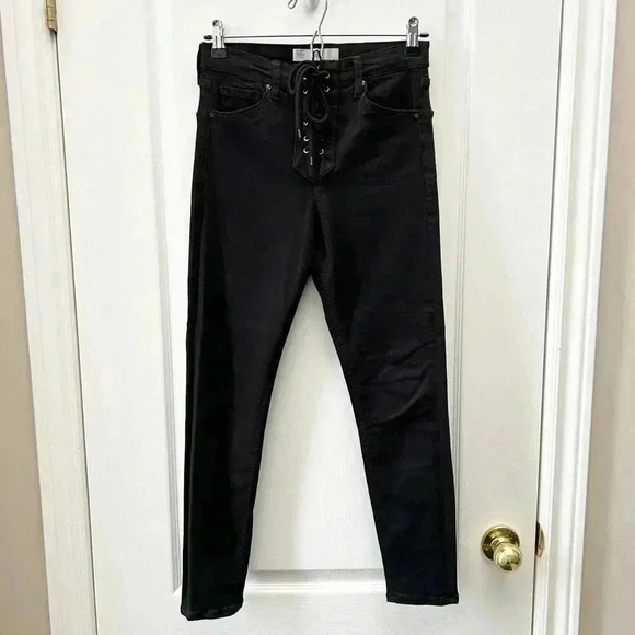Topshop Moto Skinny Jeans Jamie High Rise Lace Up Ankle Crop Black Size 26 - Picture 4 of 16